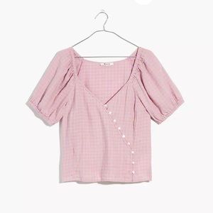 NWT Madewell Linen-Blend Puff-Sleeve Button-Wrap Top in sweet lavender plaid